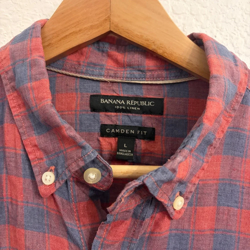 Banana Republic 100% Linen Button Up Shirt Mens Large‎ Camden Fit Red Blue Check